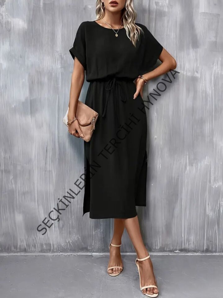 Kadın Kısa Kollu Yakası Açık Belden Bağlamalı Yırtmaçlı Viskon Elbise