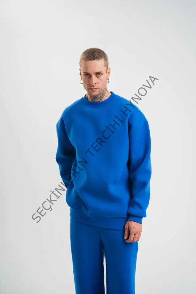 Uzun Kol Bisiklet Yaka Basic SweatShirt - Mavi
