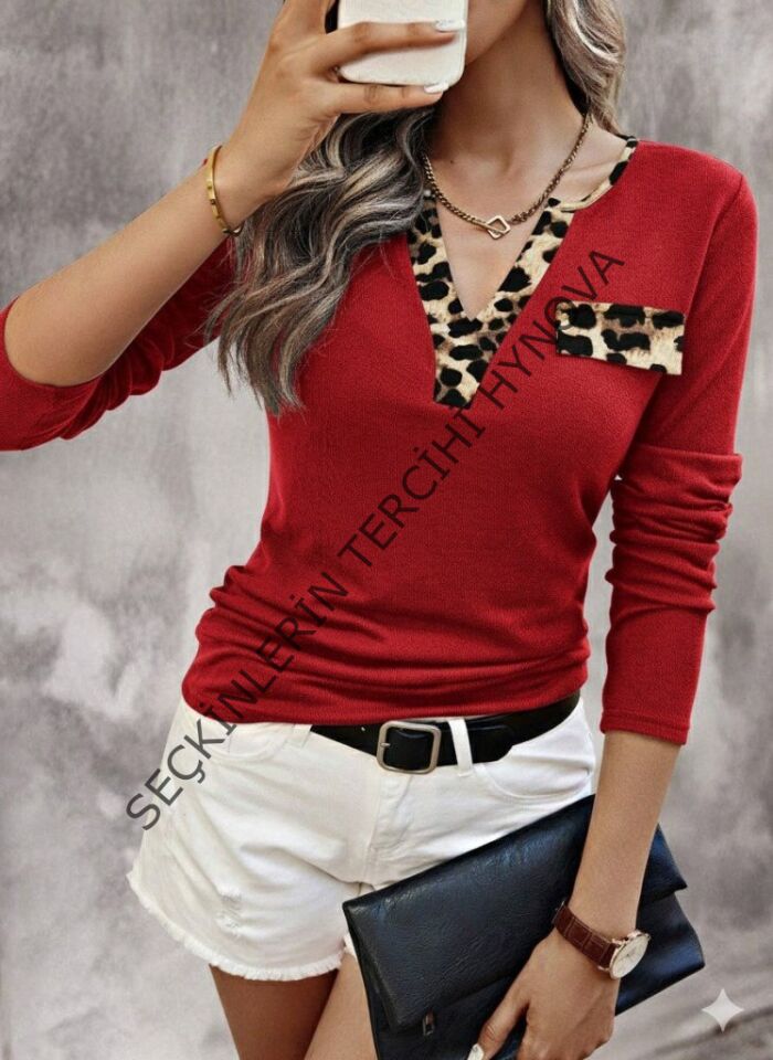 Kadın Uzun Kollu V Yakalı Kaşkorse Bluz