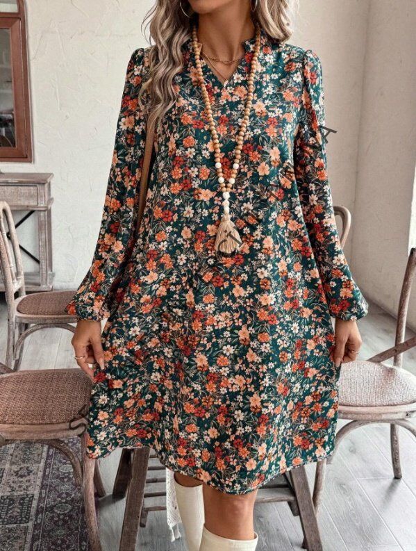 Kadın Uzun Kollu V Yakalı Desenli Modal Mini Elbise