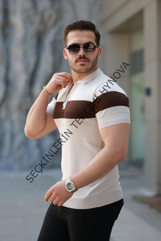 Erkek Fermuar Yakalı şerit Renk Desenli Kısa Kollu Tişört