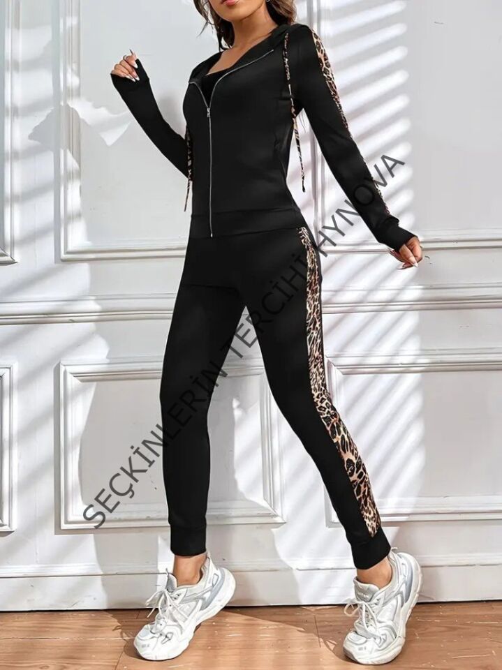 Kadın Uzun Kollu Kapşonlu Fermuarlı Bağcıklı Viskon Iki Iplik Bluz Ve Pantolon Tayt