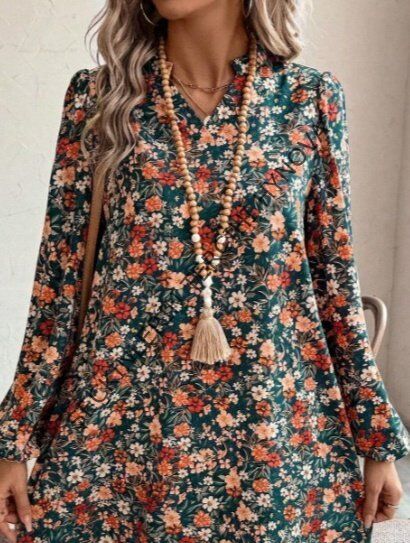 Kadın Uzun Kollu V Yakalı Desenli Modal Mini Elbise