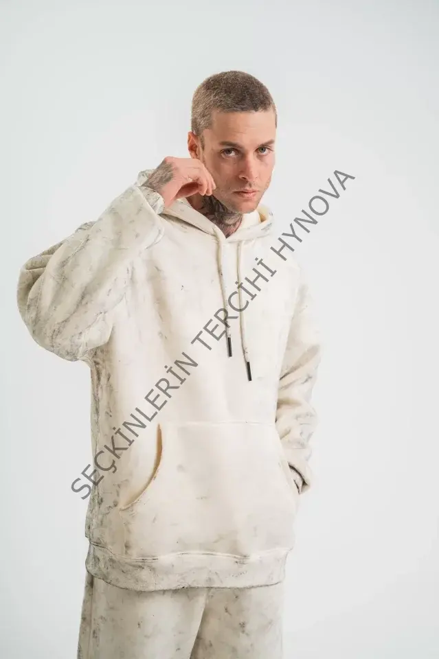 Unisex Double Oversize Kapşonlu Yıkamalı SweatShirt - Krem