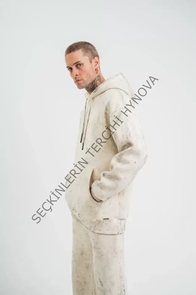 Unisex Double Oversize Kapşonlu Yıkamalı SweatShirt - Krem