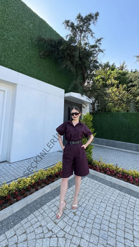 Yakalı Gömlek Kemerli Şortlu Takım - Bordo