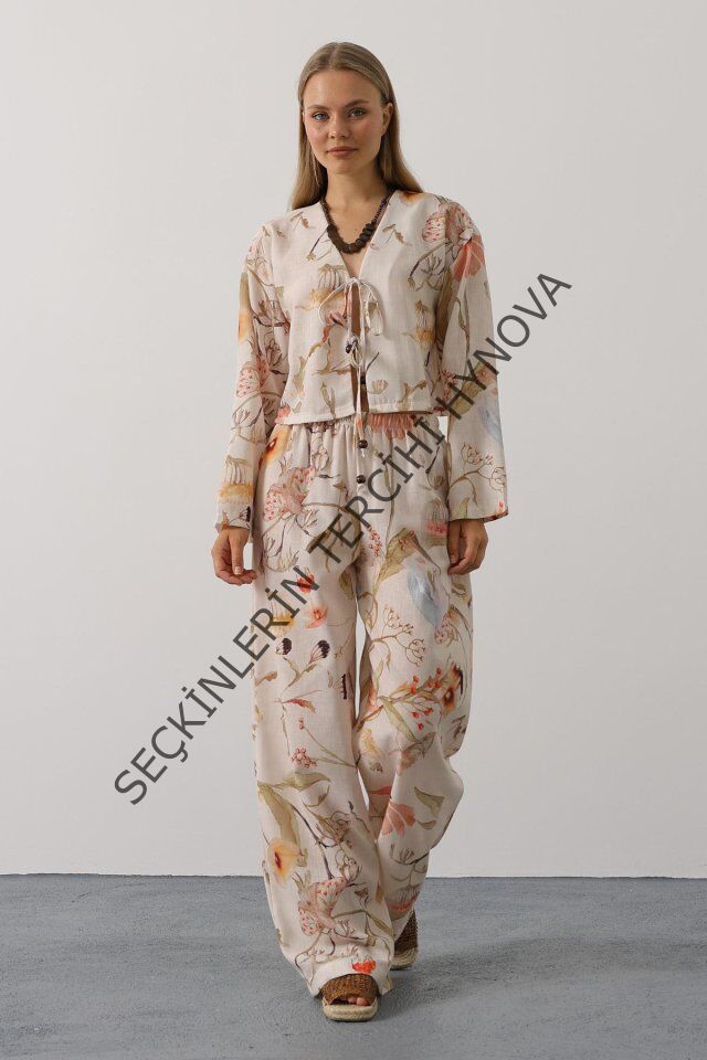 Çiçek Desen Önü Bağlamalı Pantolon Takım - Taş