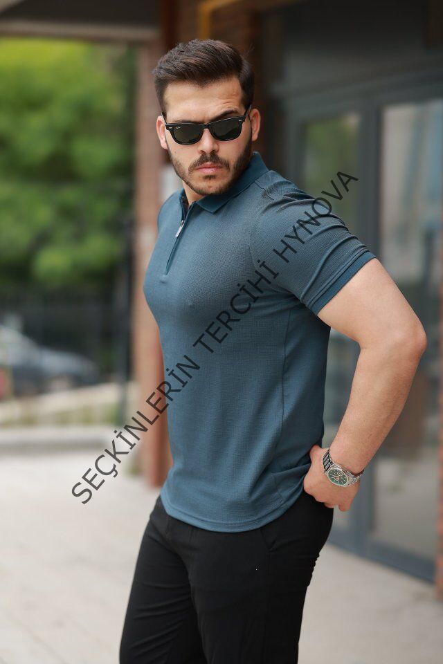 Erkek Fermuarlı Yaka Kısa Kollu Tişört