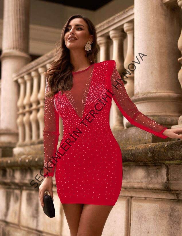 Kadın Uzun Kollu Yuvarlak Yaka Dekolteli Taşlı Dalgıç Elbise