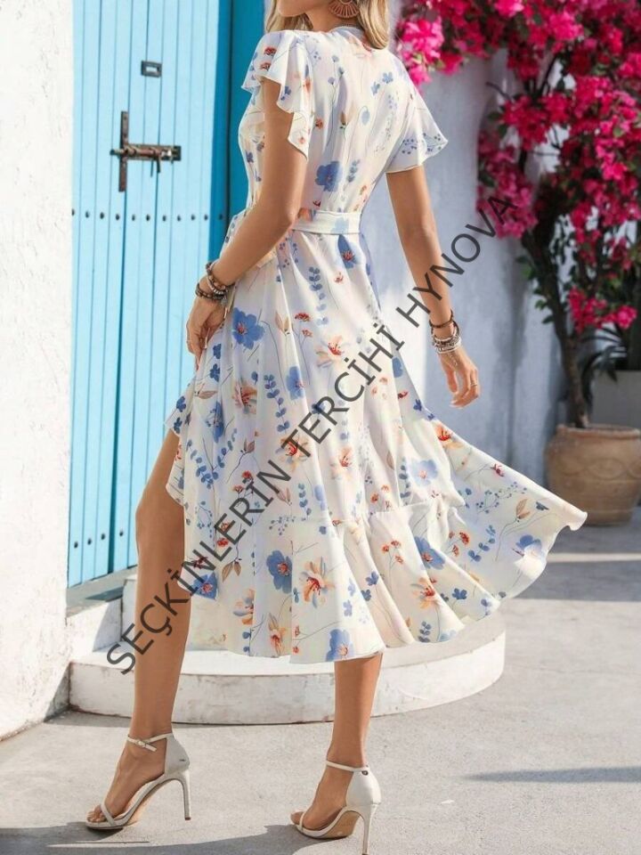 Kadın Kısa Kelebek Kollu Kruvaze Yakalı Belden Kuşaklı Midi Süprem Elbise