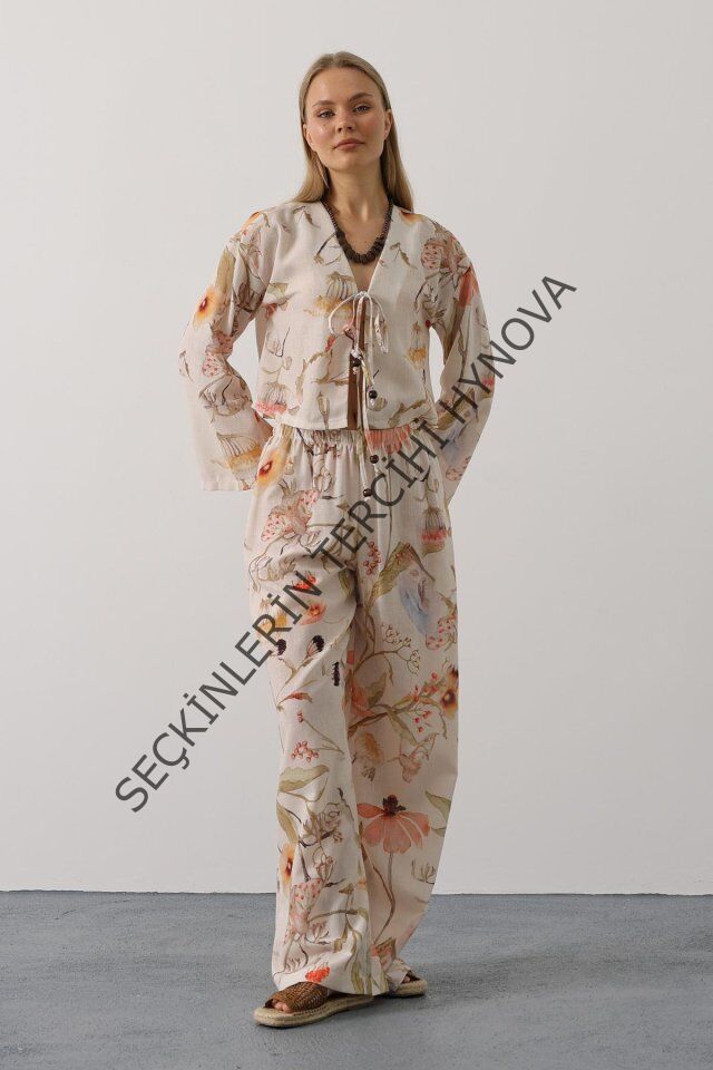 Çiçek Desen Önü Bağlamalı Pantolon Takım - Taş