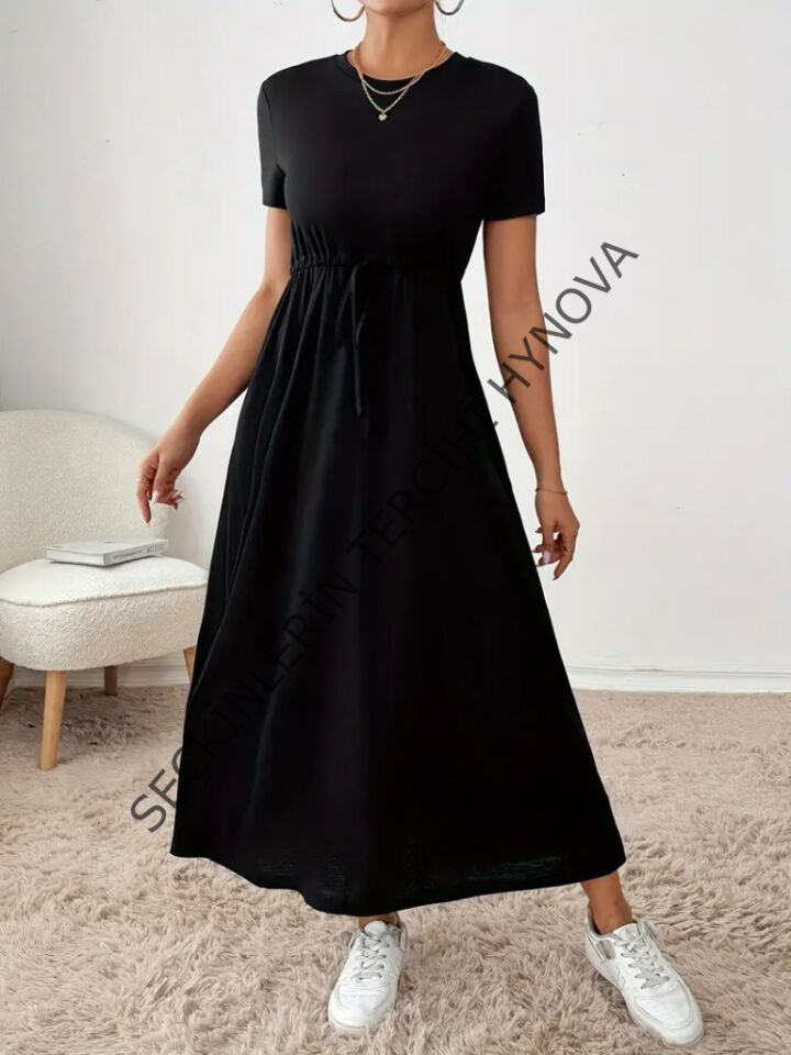 Kadın Kısa Kollu Bisiklet Yaka Belden Bağcıklı Cepli Viskon Elbise