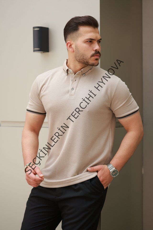 Erkek Düğmeli Yaka Waffle Kumaş Kısa Kollu Tişört