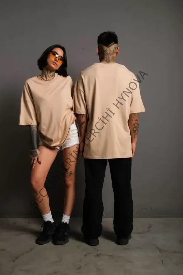 Erkek 24/1 Düz A Kalite Oversize T-shirt - Bej