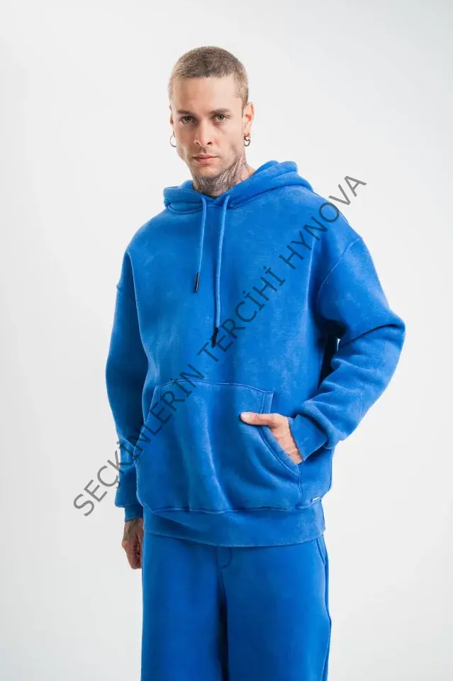 Unisex Double Oversize Kapşonlu Yıkamalı SweatShirt - Mavi