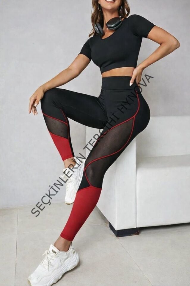 Kadın Yüksek Bel Yanlardan Tül Detaylı çift Renkli Spor Dalgıç Tayt