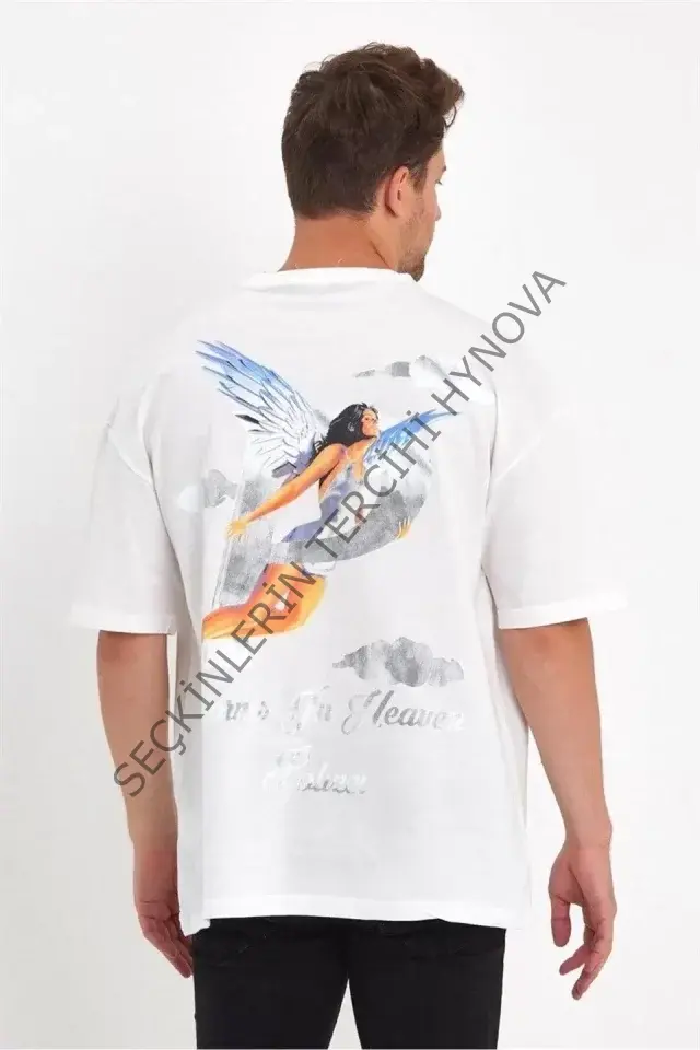 Erkek Melek Baskılı Oversize T-shirt - Beyaz