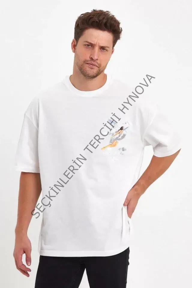 Erkek Melek Baskılı Oversize T-shirt - Beyaz