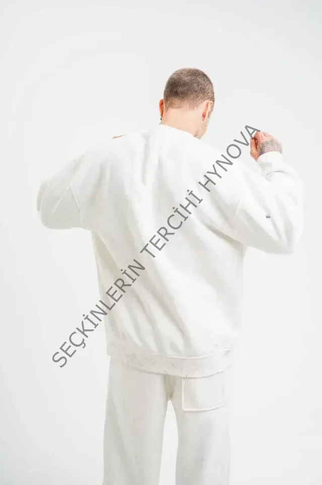 Unisex Uzun Kol Bisiklet Yaka Yıkamalı SweatShirt - Beyaz