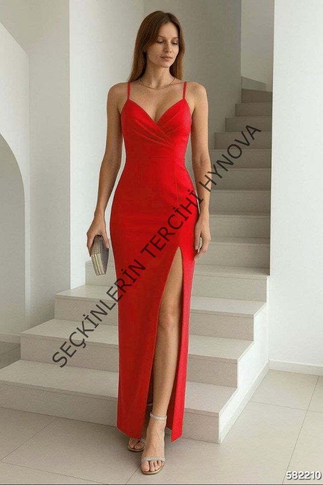 Kadın Dalgıç Kumaş V Yaka Yırtmaç Detaylı Maxi Boy Elbise