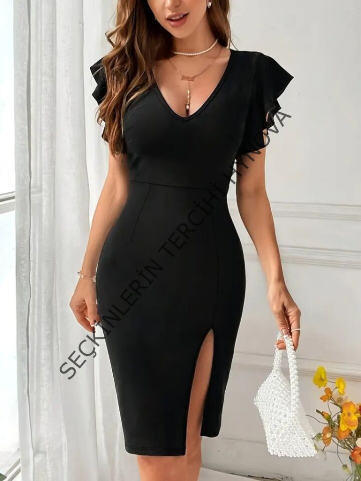Kadın Kısa Kollu V Yakalı Kolları Volanlı Yandan Yırtmaçlı Kısa Janjan Krep Elbise