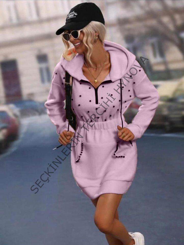 Kadın Beli Lastikli Inci Detay Kapüşonlu Mini Elbise