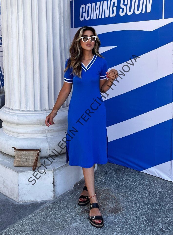 Kadın Kısa Kollu V Yaka Ve Yaka Ribana Detay Midiboy Viskon Elbise