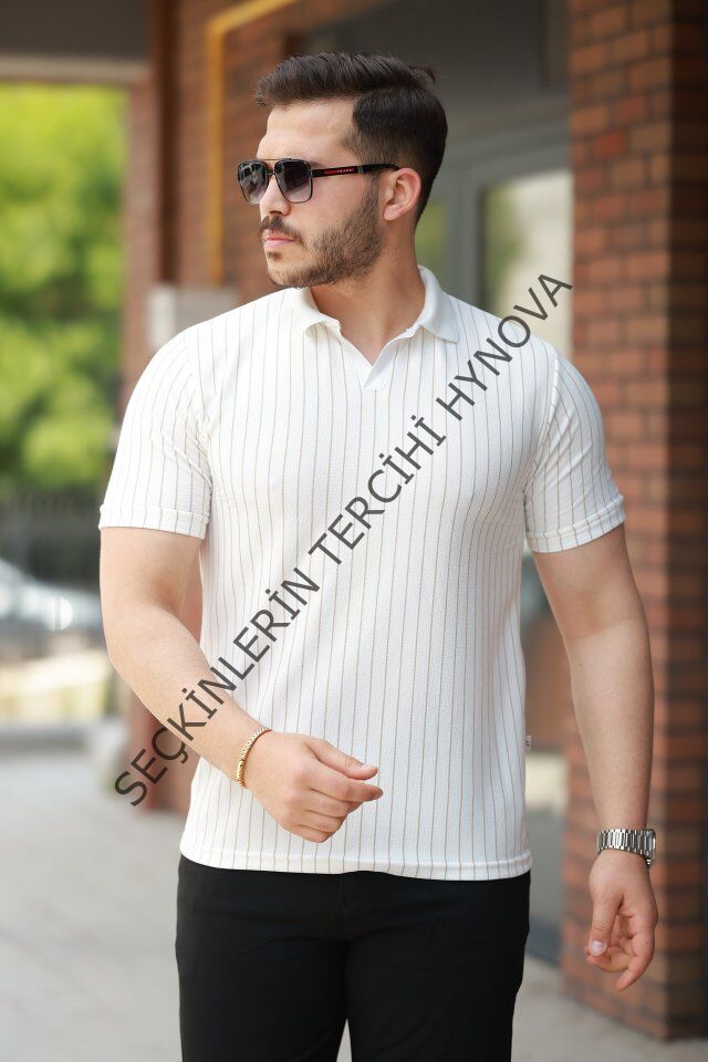 Erkek Yakalı çizgi Desenli Kısa Kollu Tişört
