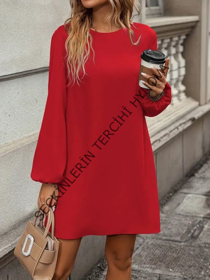Kadın Uzun Kollu Yuvarlak Yaka Mini Ithal Krep Elbise