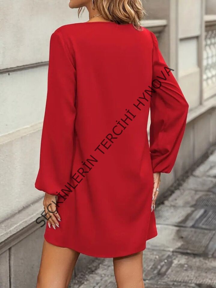 Kadın Uzun Kollu Yuvarlak Yaka Mini Ithal Krep Elbise