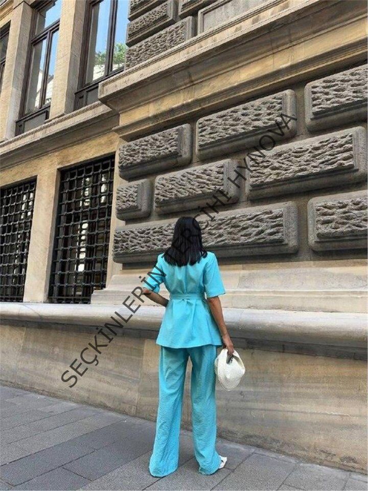 KISA KOL BAĞLAMA DETAYLI CEKET-PANTOLON TAKIM - Mavi