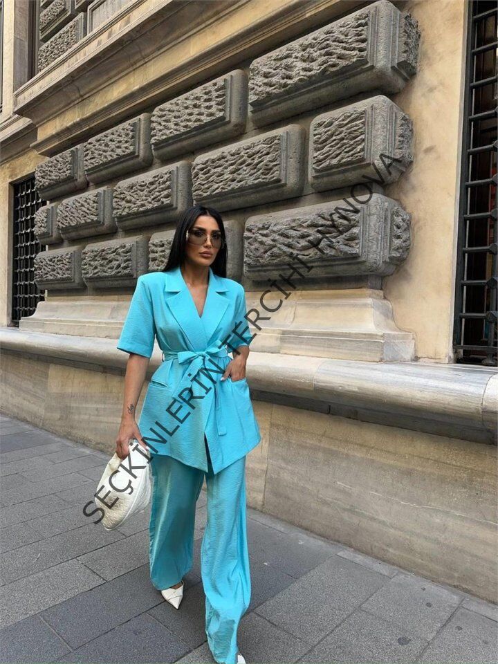 KISA KOL BAĞLAMA DETAYLI CEKET-PANTOLON TAKIM - Mavi