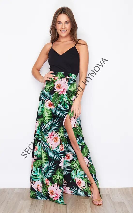 Kadın Askılı V Yaka Eteği Dijital Baskılı çiçek Desenli Yırtmaçlı Mikro Kumaş Elbise