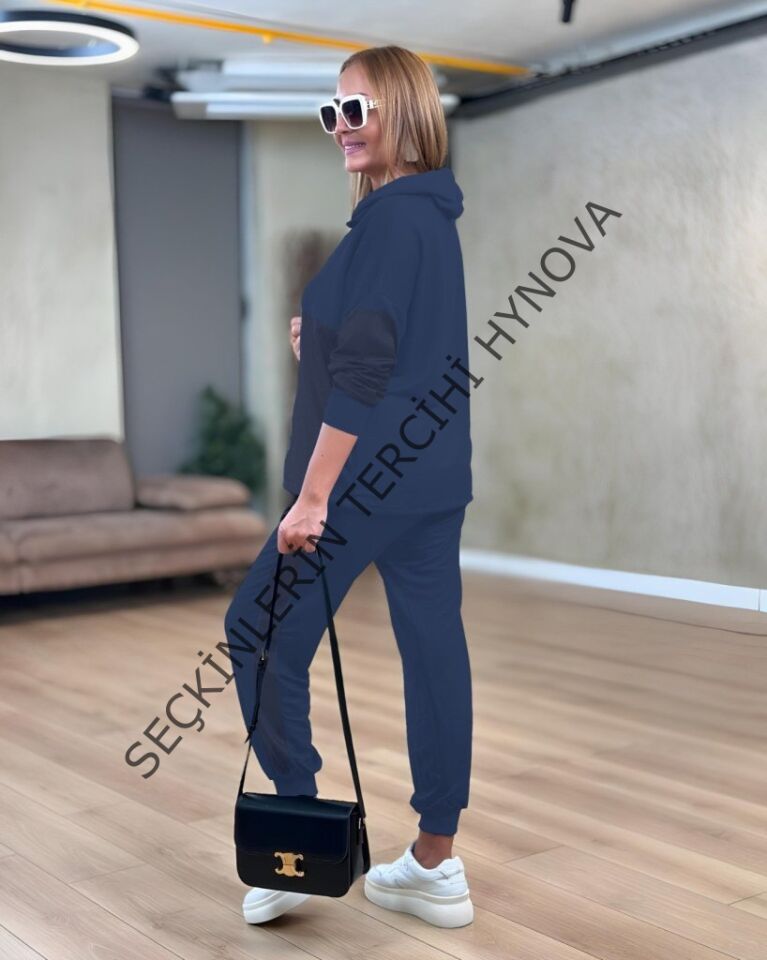 Kadın Uzun Kollu Kapşonlu Viskon Iki Iplik Bluz Ve Pantolon Ikili Takım