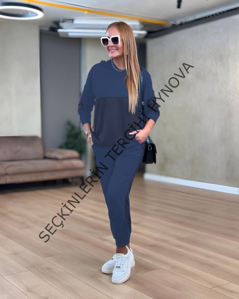 Kadın Uzun Kollu Kapşonlu Viskon Iki Iplik Bluz Ve Pantolon Ikili Takım