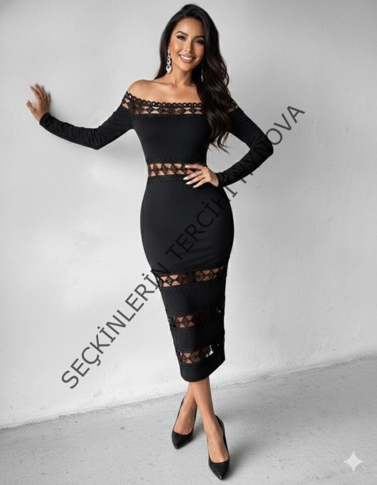 Kadın Uzun Kollu Madonna Dantel Yaka Yırtmaçlı Midi Dalgıç Elbise