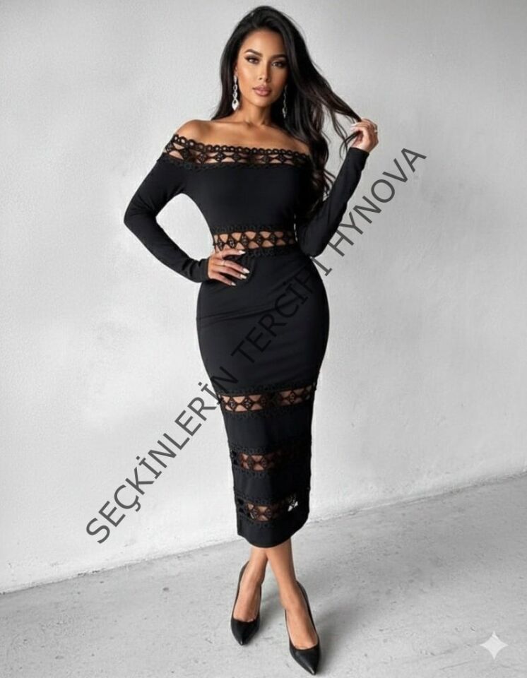 Kadın Uzun Kollu Madonna Dantel Yaka Yırtmaçlı Midi Dalgıç Elbise