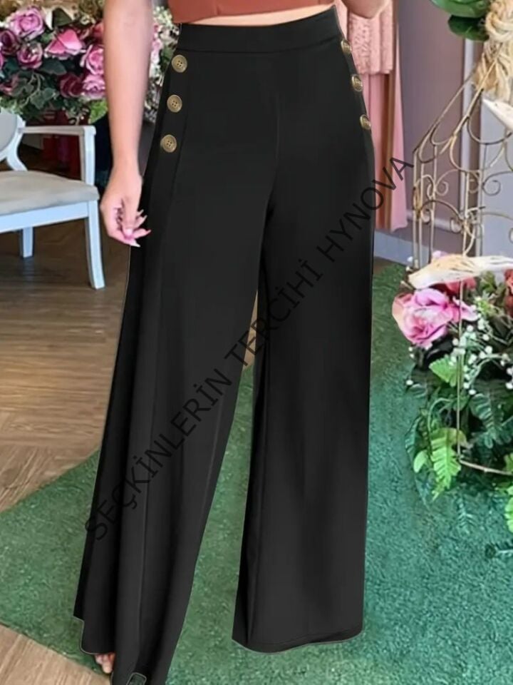 Kadın Yüksek Bel Yan Düğme Detaylı Geniş Paçalı Ithal Krep Pantolon