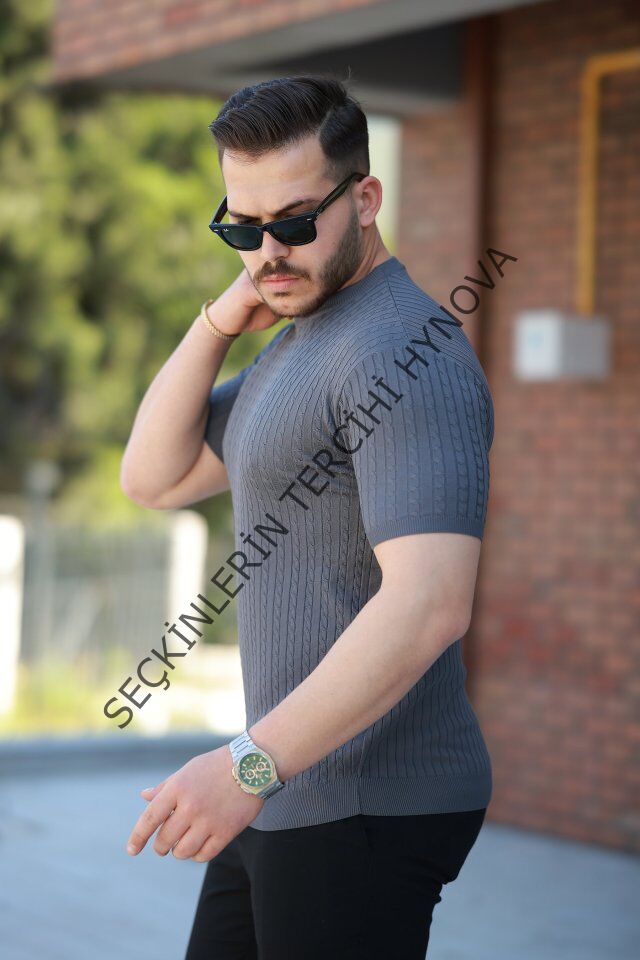 Erkek Bisiklet Yaka örgü Desenli Kısa örme Triko Kısa Kollu T-shirt