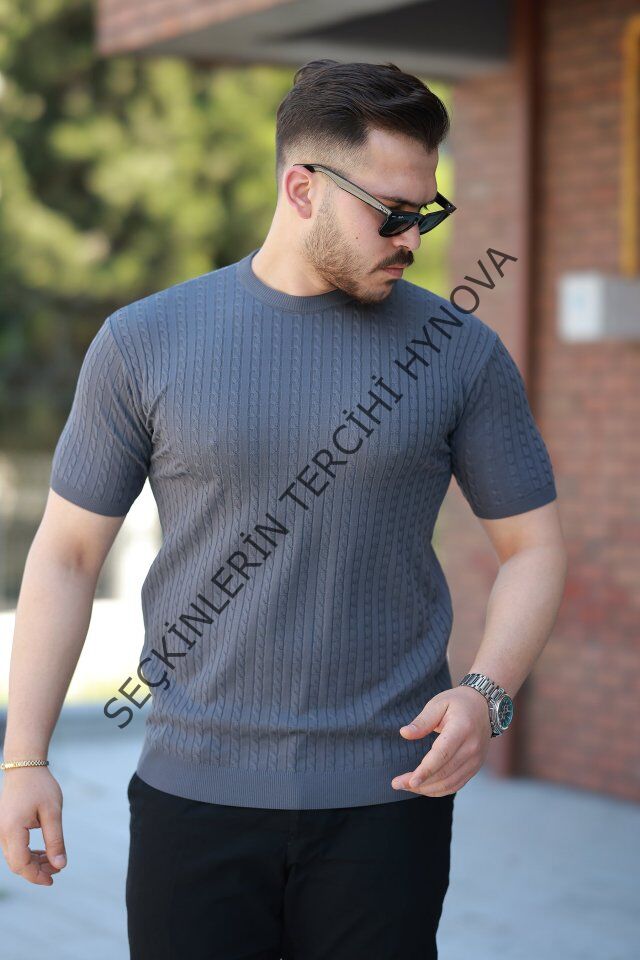 Erkek Bisiklet Yaka örgü Desenli Kısa örme Triko Kısa Kollu T-shirt