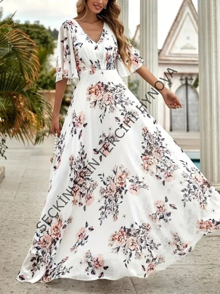 Kadın Kısa Kollu V Yakalı çiçek Desenli Süprem Elbise