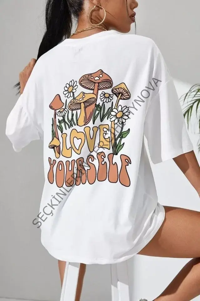 Unisex Baskılı Oversize T-Shirt - Beyaz