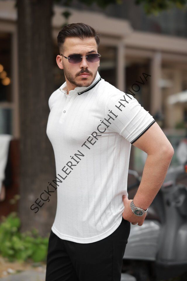 Erkek Düğme Yakalı Jakar Kumaş Kısa Kollu Tişört