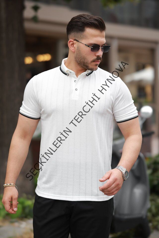 Erkek Düğme Yakalı Jakar Kumaş Kısa Kollu Tişört