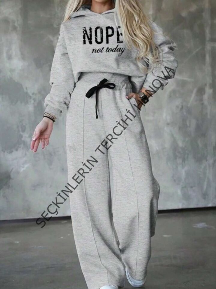 Kadın Uzun Kollu Nope Baskılı Beli Ribanalı Ikili Takım