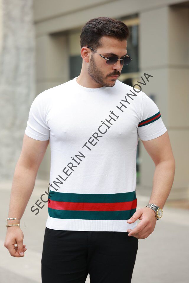 Erkek Bisiklet Yaka Bel Ve Kol şerit Desenli Kısa Kollu Tişört