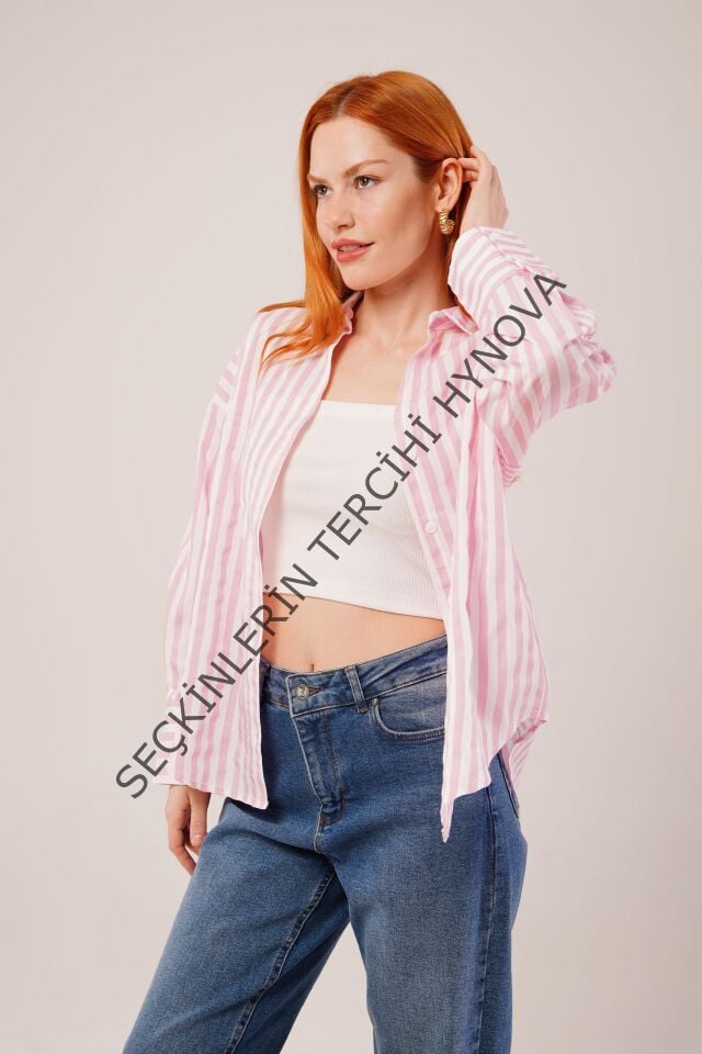 Çizgili Rahat Kesim Pembe Gömlek