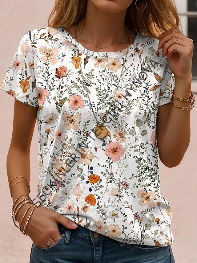 Kadın Kısa Kollu Bisiklet Yaka çiçek Desenli Viskon Bluz
