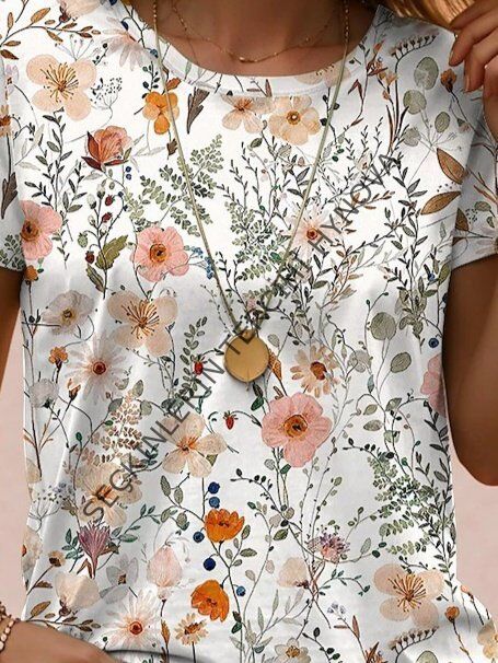 Kadın Kısa Kollu Bisiklet Yaka çiçek Desenli Viskon Bluz