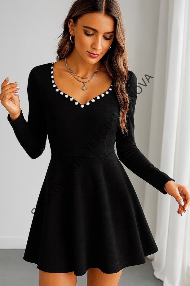 Kadın Uzun Kollu Inci Yakalı Kısa Ithal Krep Elbise